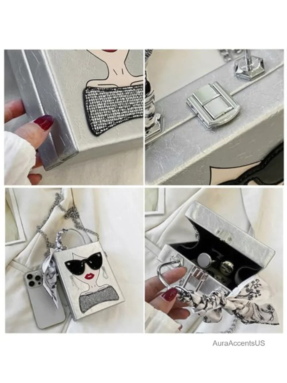 Quilted Novelty Lady Face Crossbody PU Leather Satchel Handbag 3D Earrings Charm